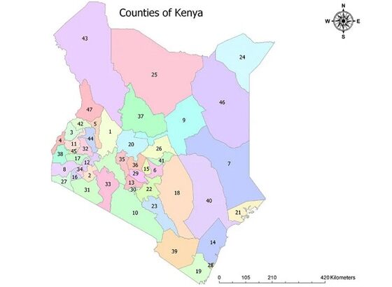 Map of Kenya's 47 counties.