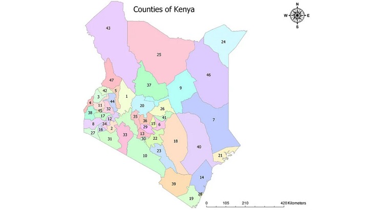 Map of Kenya's 47 counties.